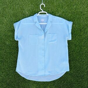A New Day Blouse Womens Large Light Blue Short Sleeve Button Front Pocket Top